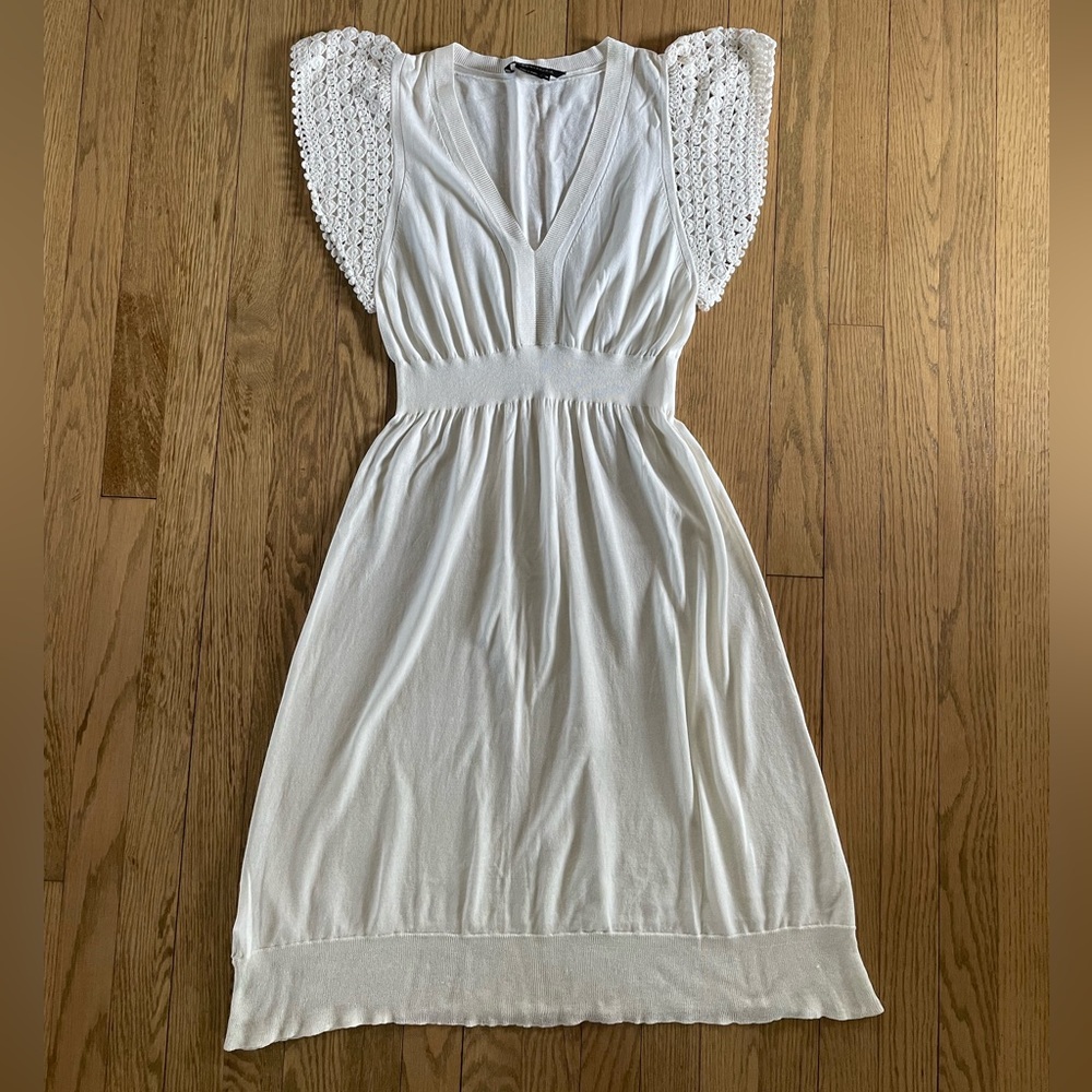 BCBGMaxAzria Eggshell Silk and Cotton Dress with Crochet Sleeves